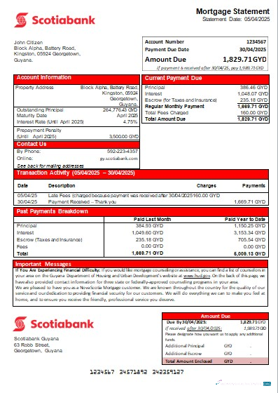 Download Guyana Bank of Nova Scotia bank mortgage statement scr Photoshop template